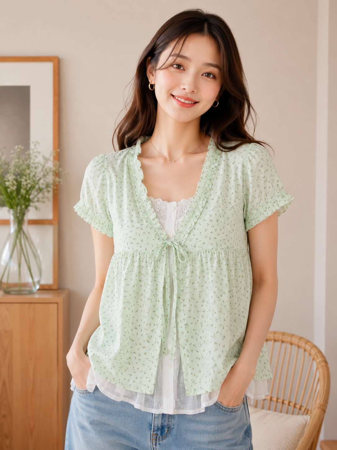 Cottage Bloom Tie-Front Babydoll top