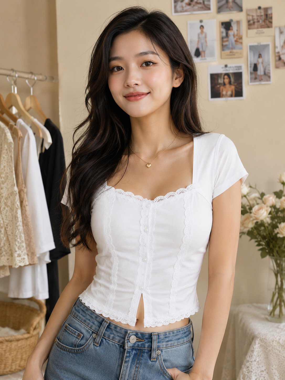 Pearl Blossom Sweetheart Lace Top