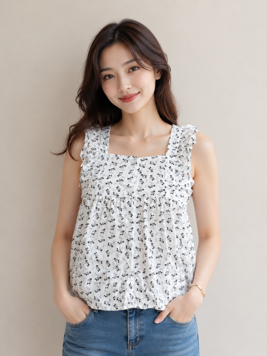 Cotton Ruffle Square Neck Top