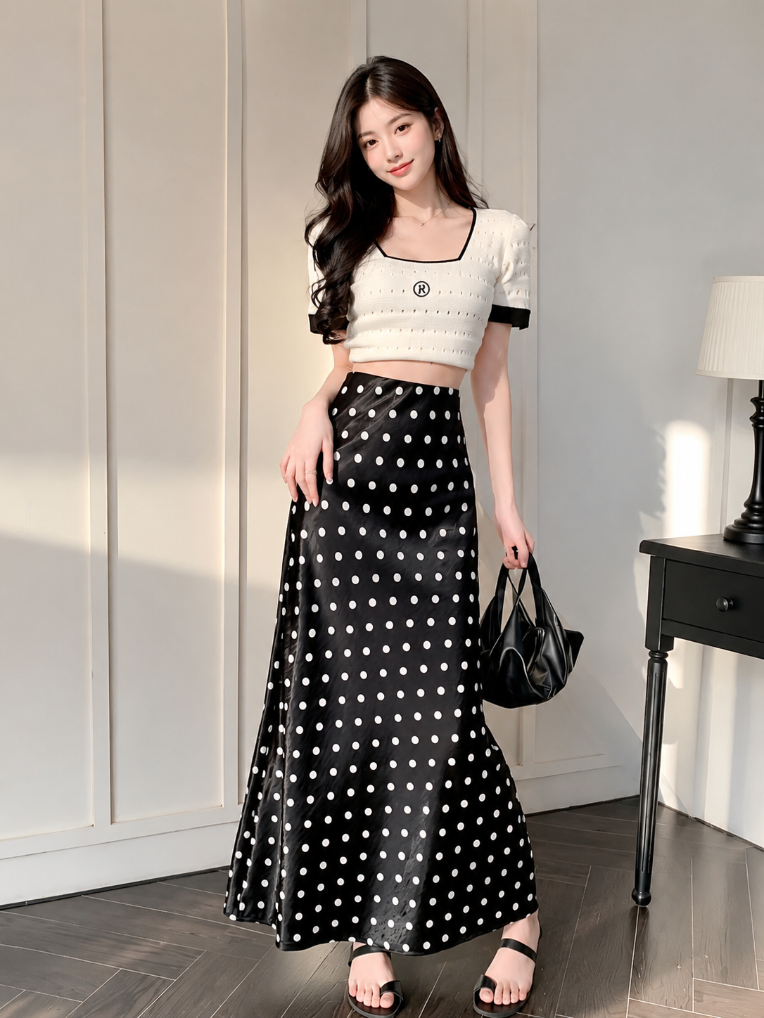 Midnight Polka Satin Skirt