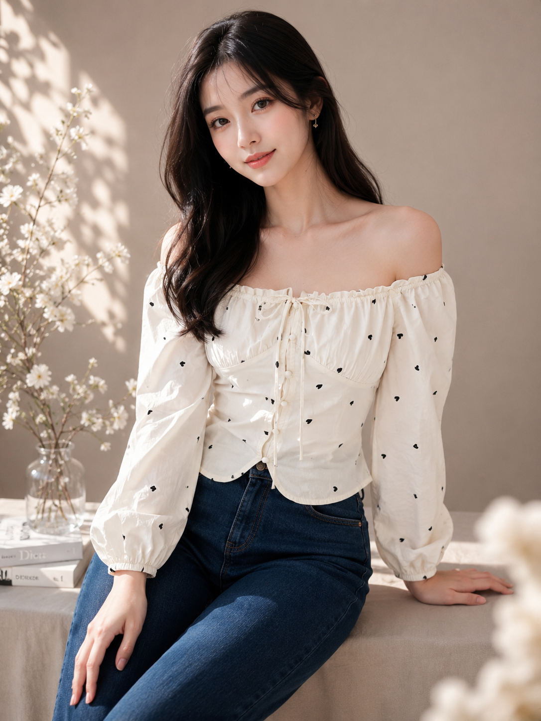 Sweetheart Heart Print off-shoulder/Square Neck Top