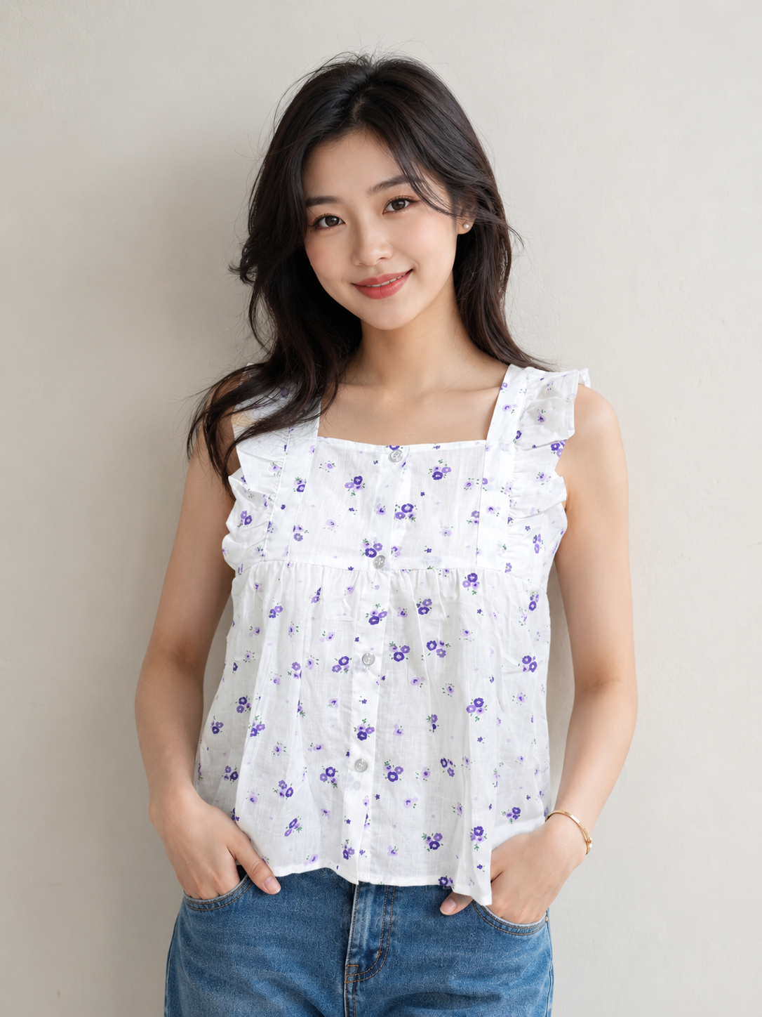 Cotton Ruffle Square Neck Top