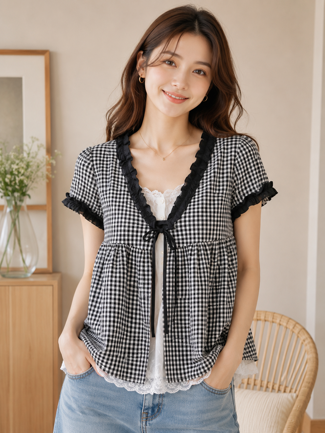 Gingham Lace Tie-Front Top
