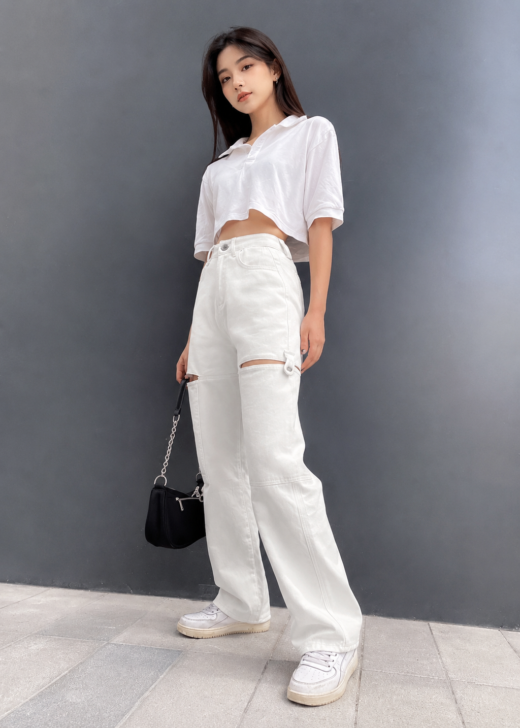 High Waist Hollow Cut Wide-Leg Jeans