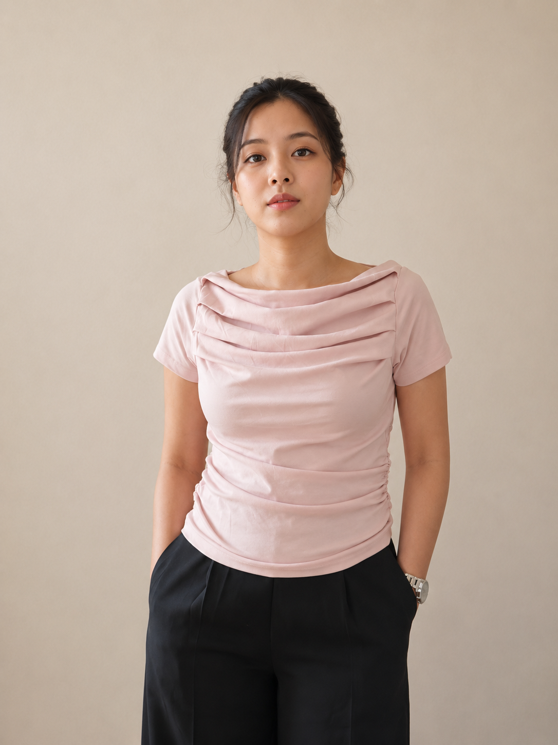 Blush Pink Draped Neck Ruched Top