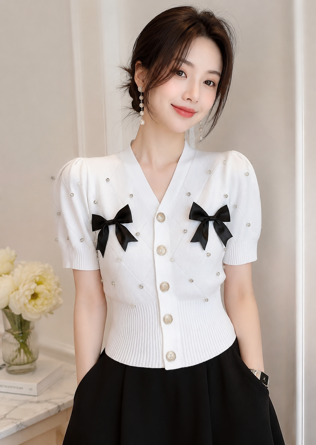 Pearl Embellished Bow Pin Top