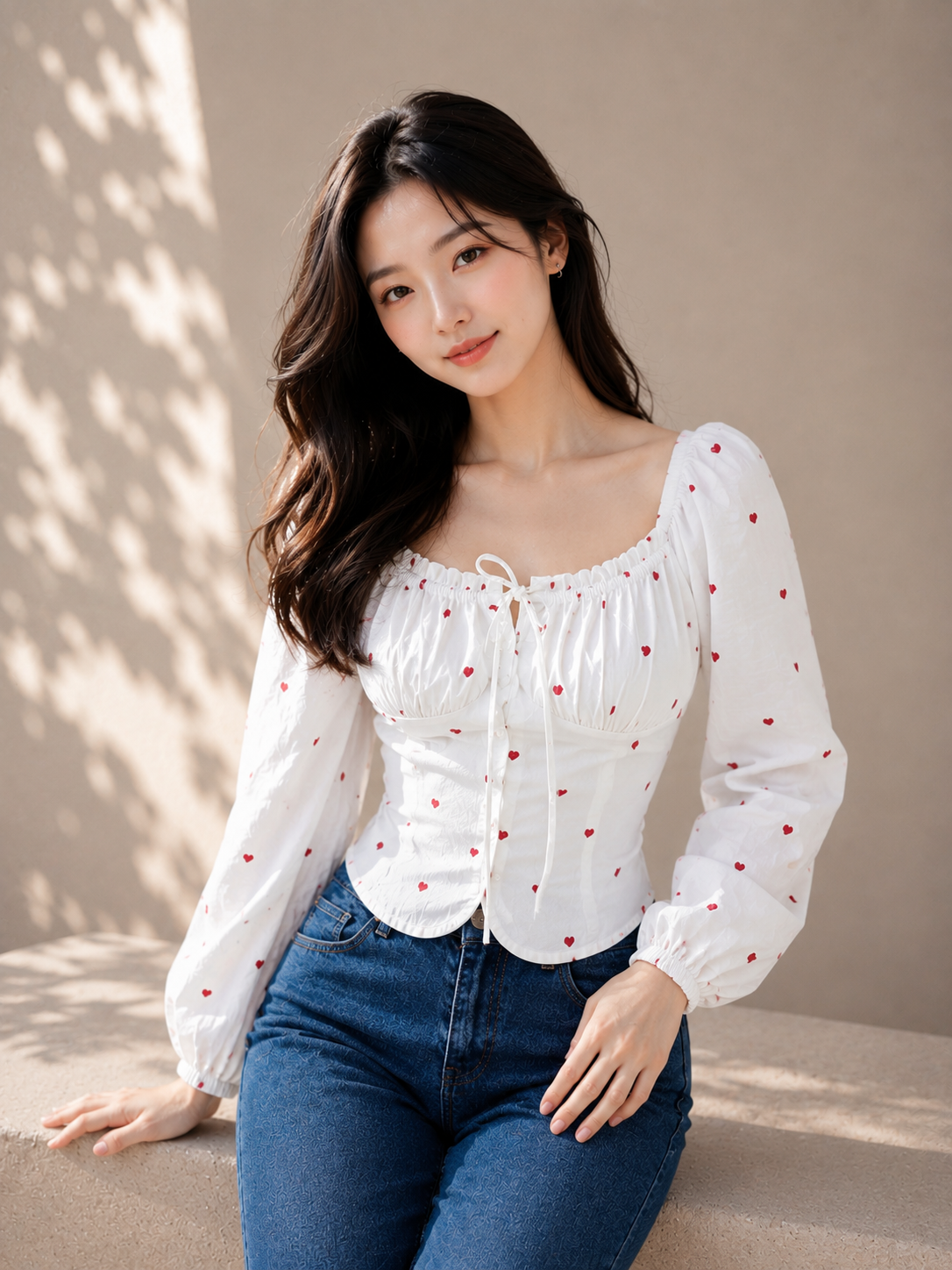 Sweetheart Heart Print off-shoulder/Square Neck Top