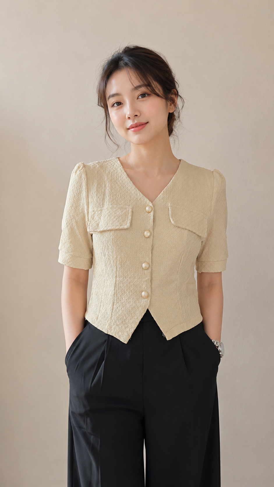 Chic Pocket Detail V-Neck Top