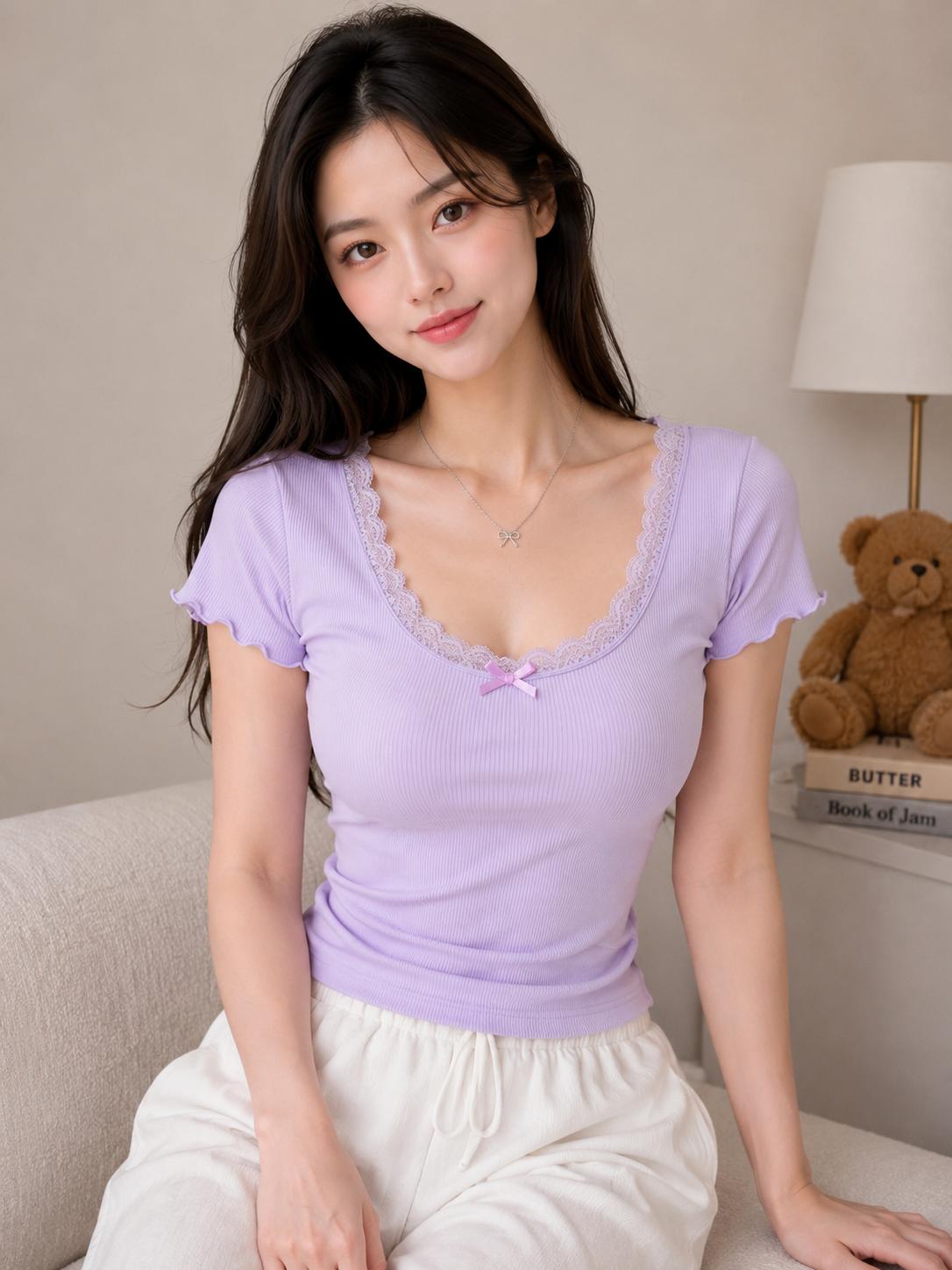 Lace Trim Ribbed Padded Top