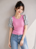 Ribbed Floral Puff Sleeve Top