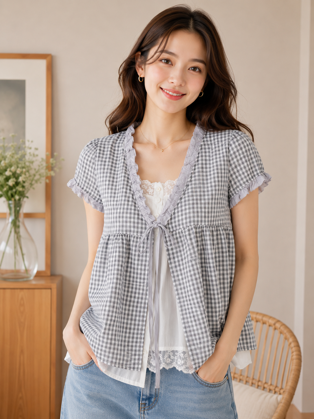 Gingham Lace Tie-Front Top