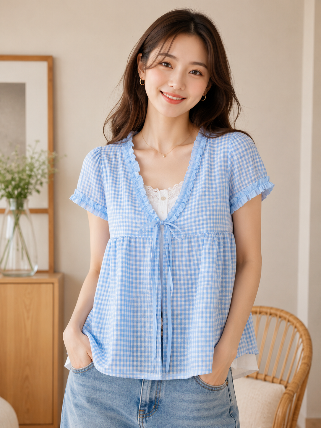 Gingham Lace Tie-Front Top