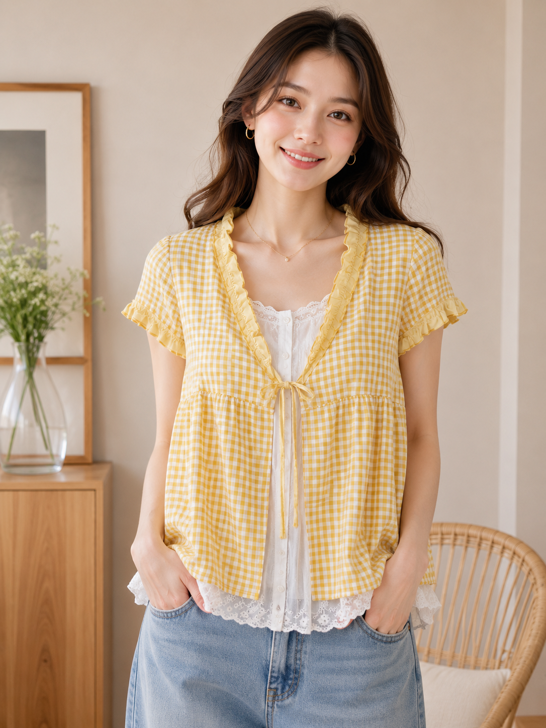 Gingham Lace Tie-Front Top