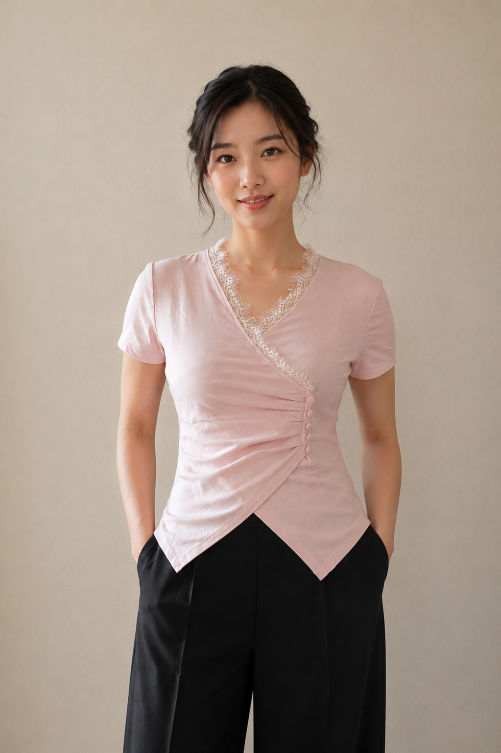 Lace Trim Ruched Wrap Tulip Hem Top