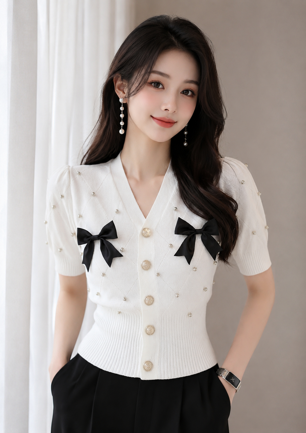 Pearl Embellished Bow Pin Top