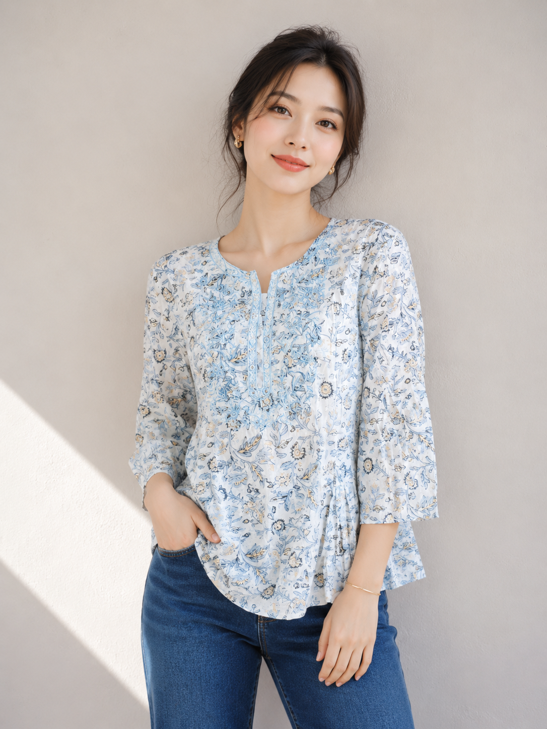 Sky Bloom Printed Ethnic Top