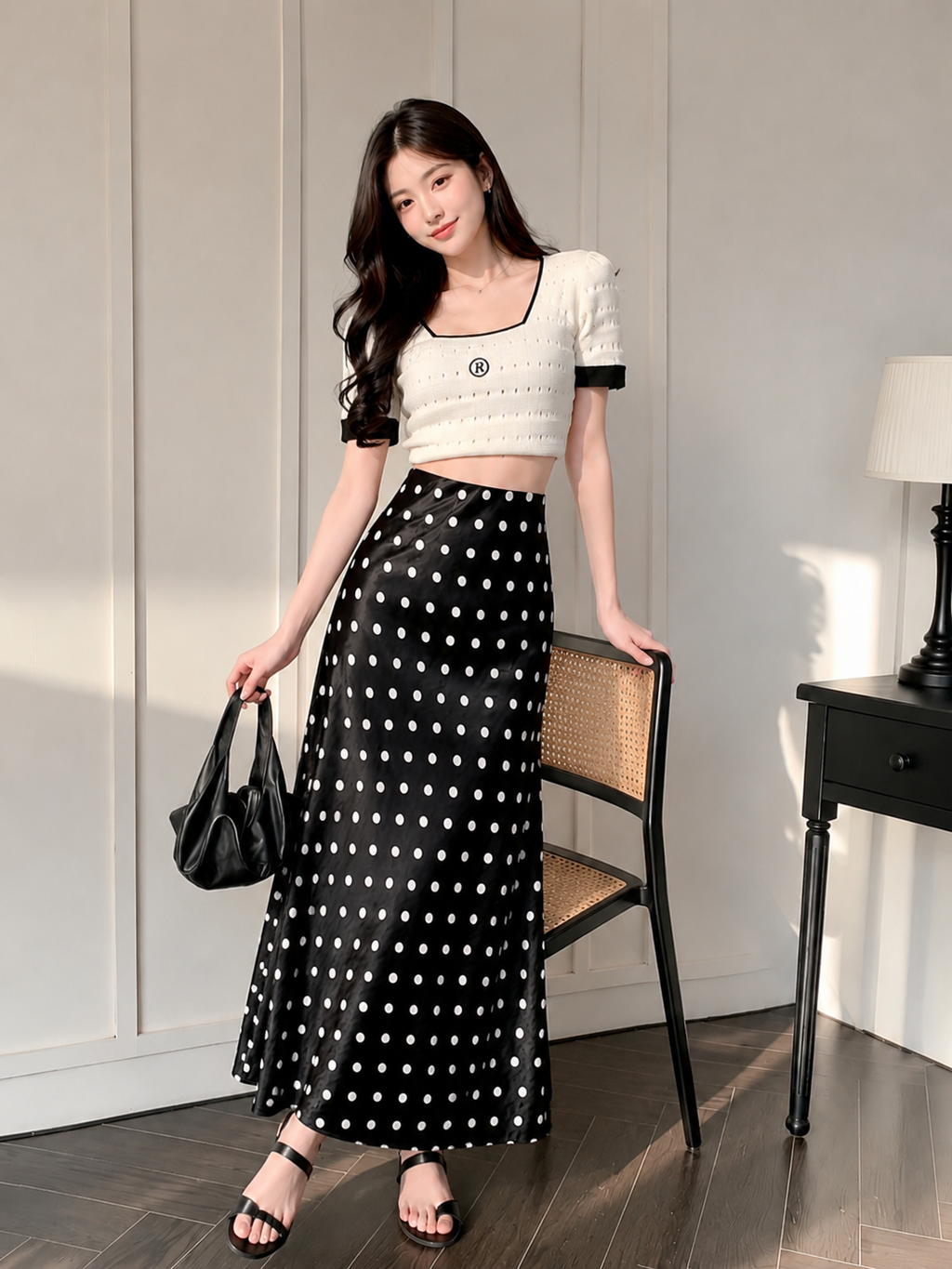 Midnight Polka Satin Skirt