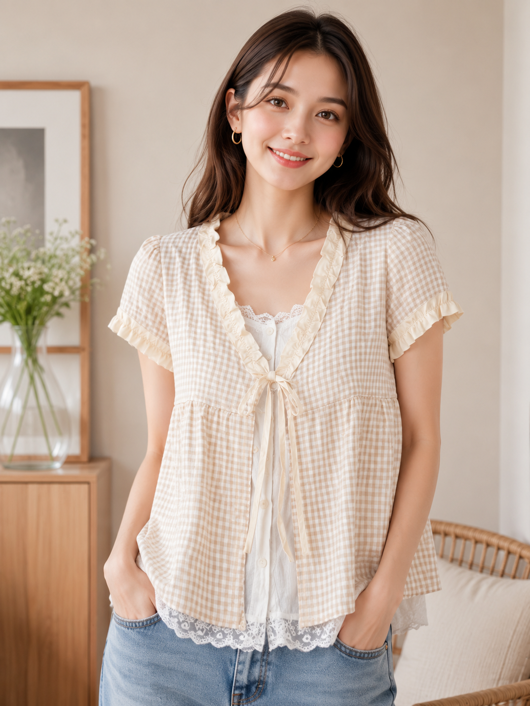 Gingham Lace Tie-Front Top