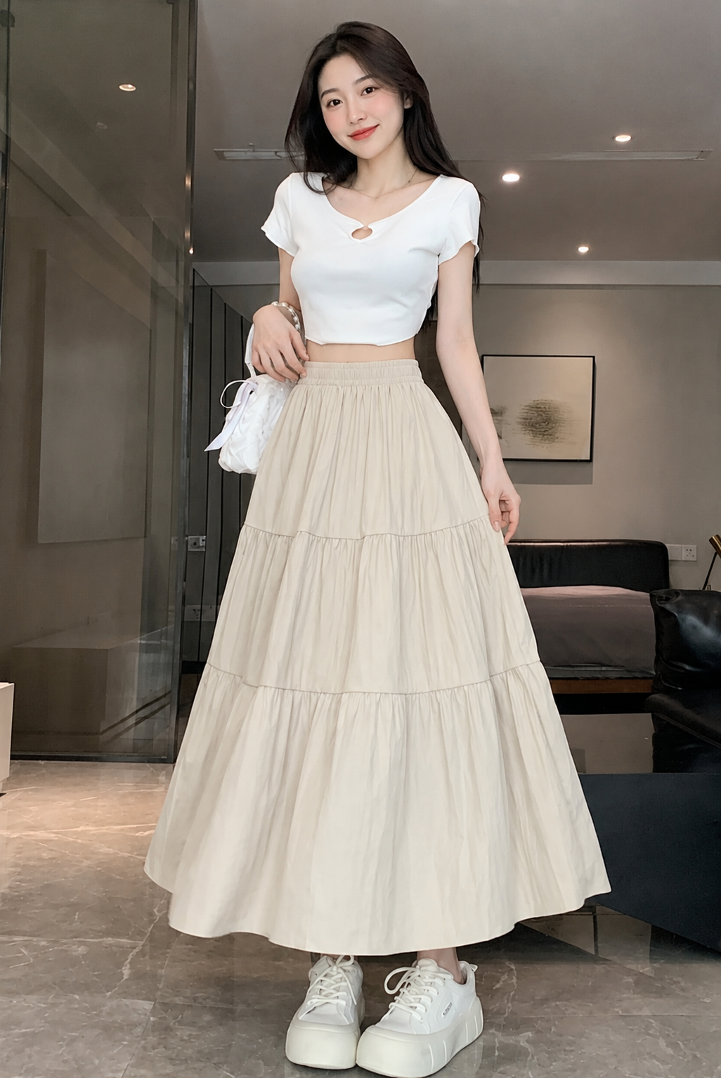 Khaki Elastic Waist Tiered Flowy Skirt