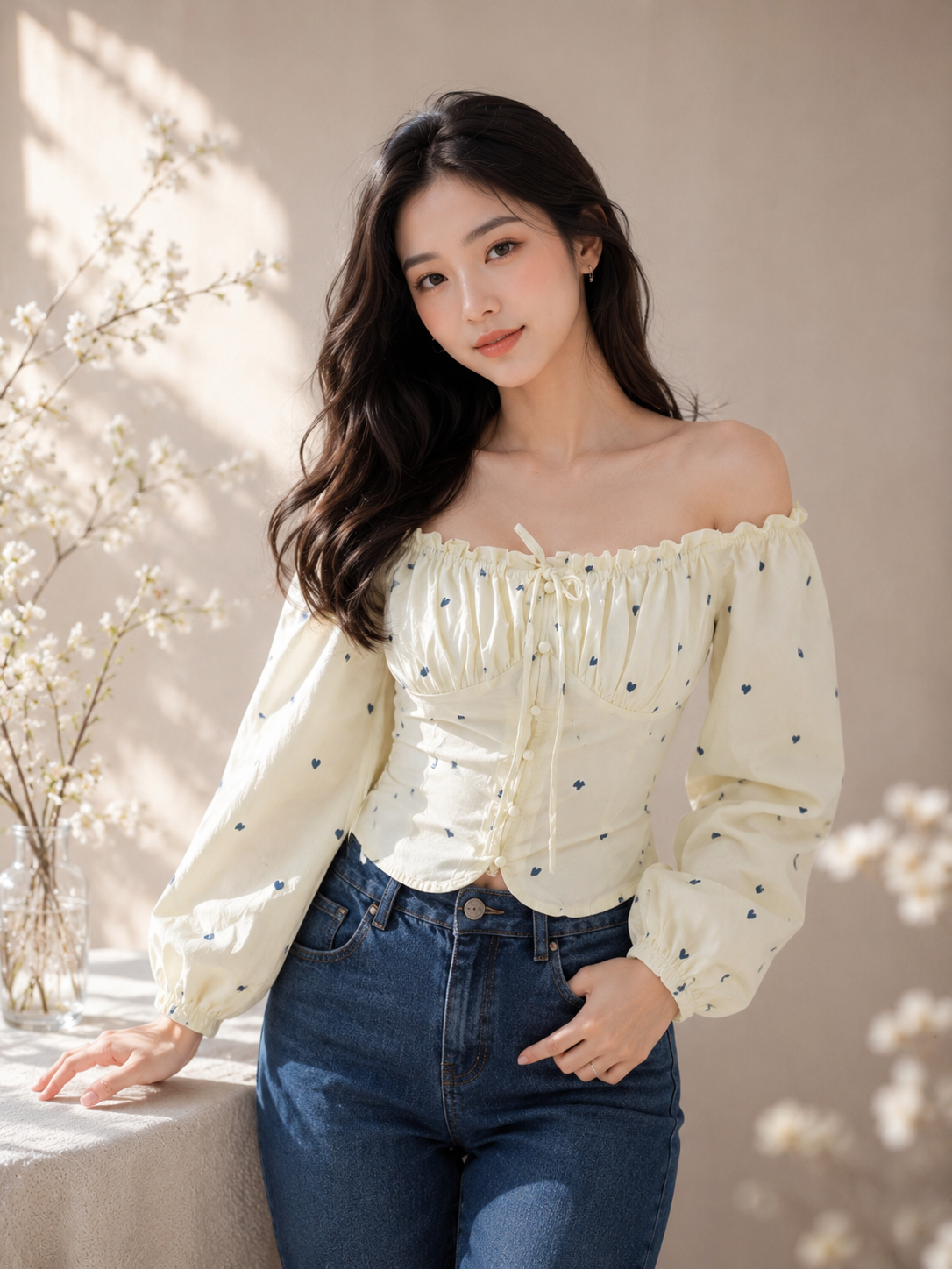 Sweetheart Heart Print off-shoulder/Square Neck Top