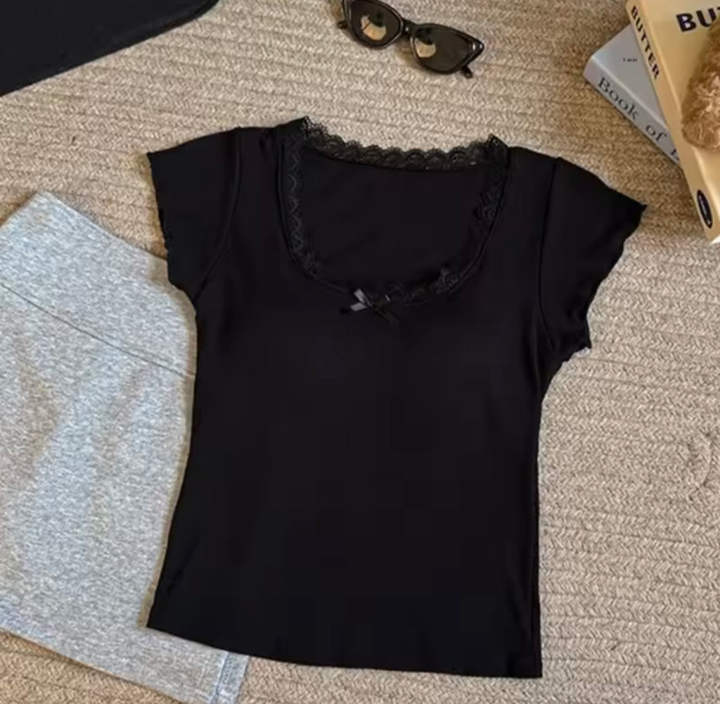 Lace Trim Ribbed Padded Top