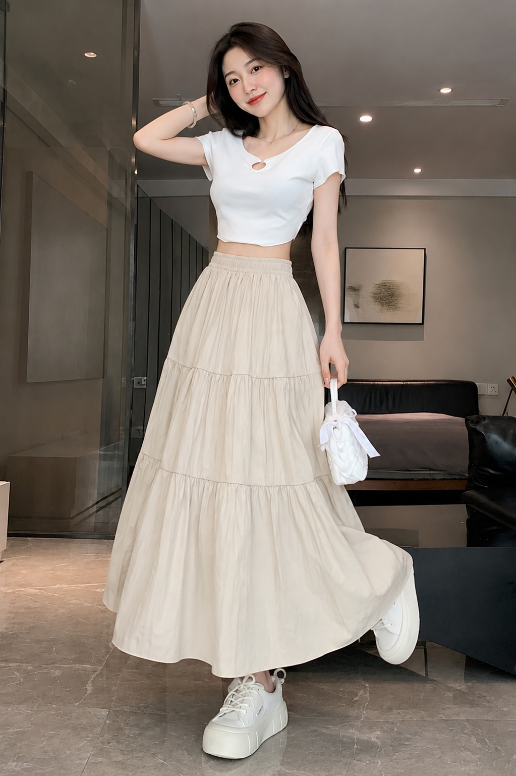 Khaki Elastic Waist Tiered Flowy Skirt