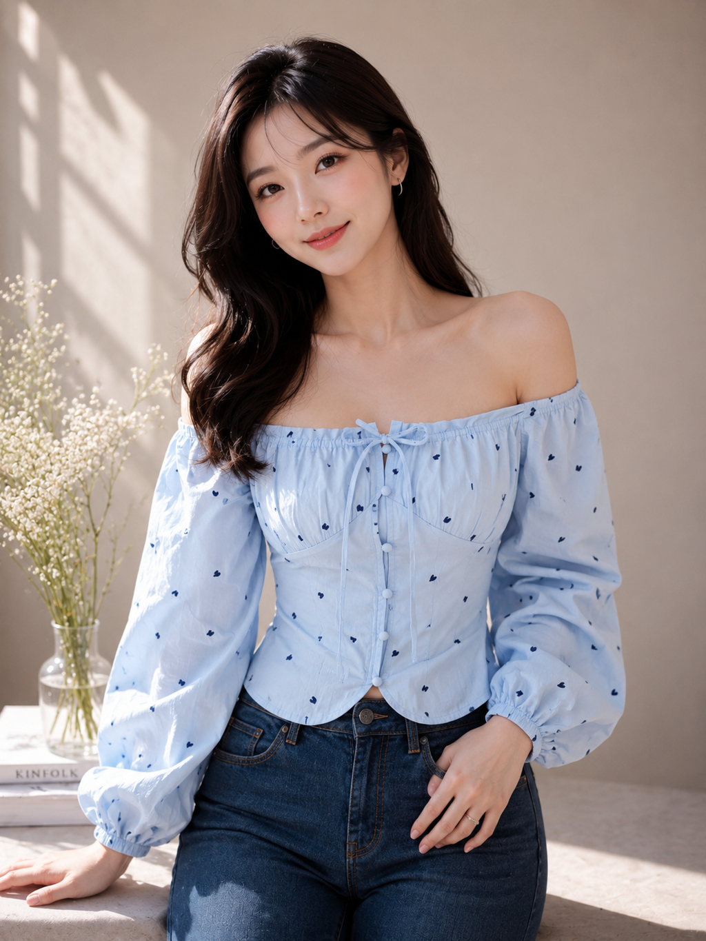 Sweetheart Heart Print off-shoulder/Square Neck Top