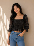 Black Floral Ruched Top