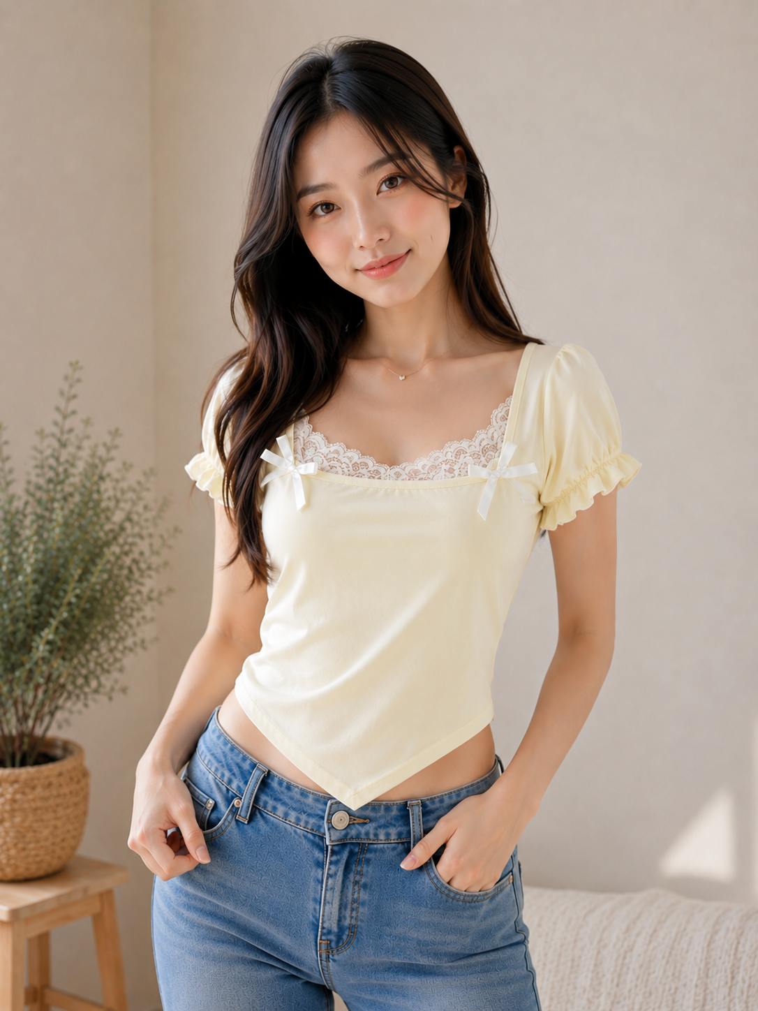 Lace Trim Bow Detail Top
