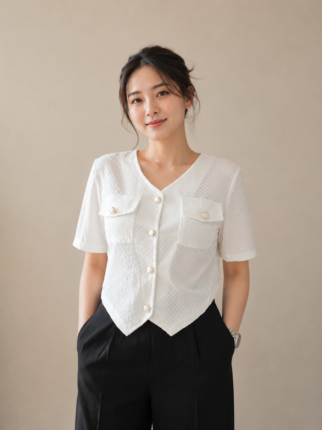 Chic Pocket Detail V-Neck Top