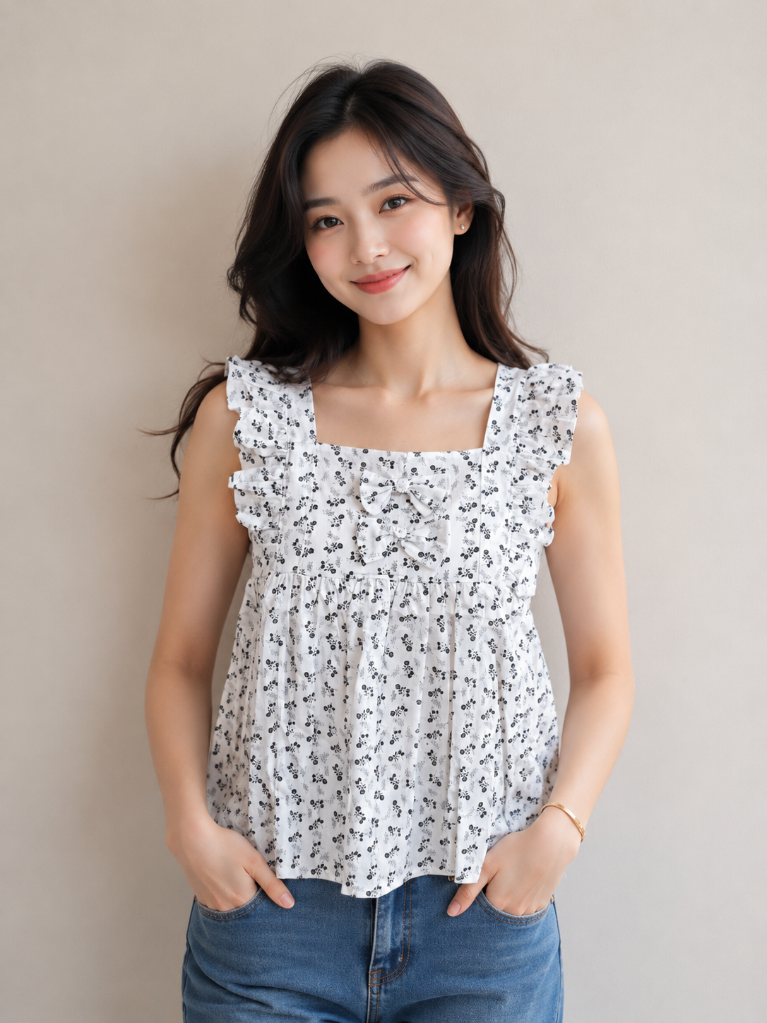 Cotton Ruffle Square Neck Top